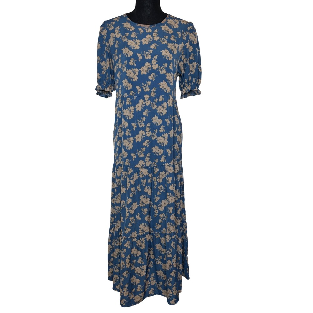 PrettyGarden Blue Floral Tiered Maxi Dress Puff Sleeve Boho Size L